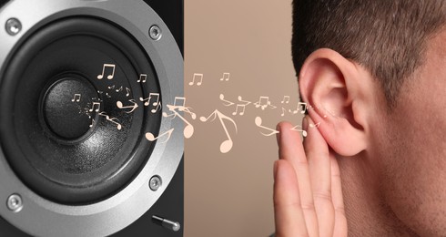 Image of Modern audio speaker and man listening to music on beige background, closeup view of ear. Banner design