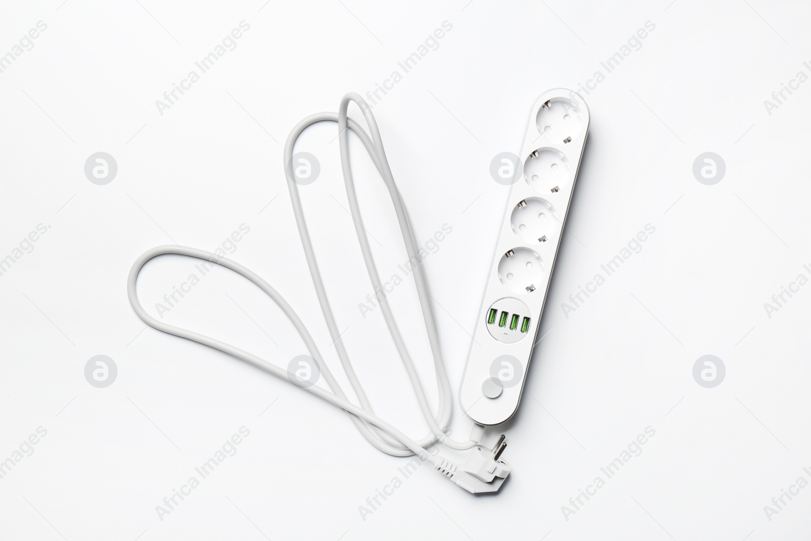 Photo of Extension cord on white background, top view. Electrician's equipment