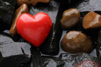 Red decorative heart on stones and water, closeup