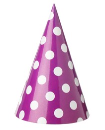 Photo of One purple party hat isolated on white