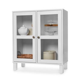 Photo of Wooden cabinet with kitchenware on white background