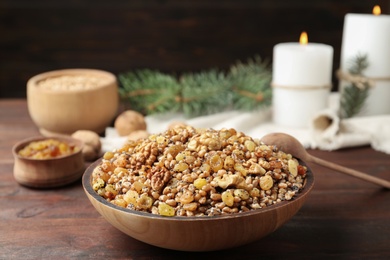 Traditional Christmas slavic dish kutia served on wooden table