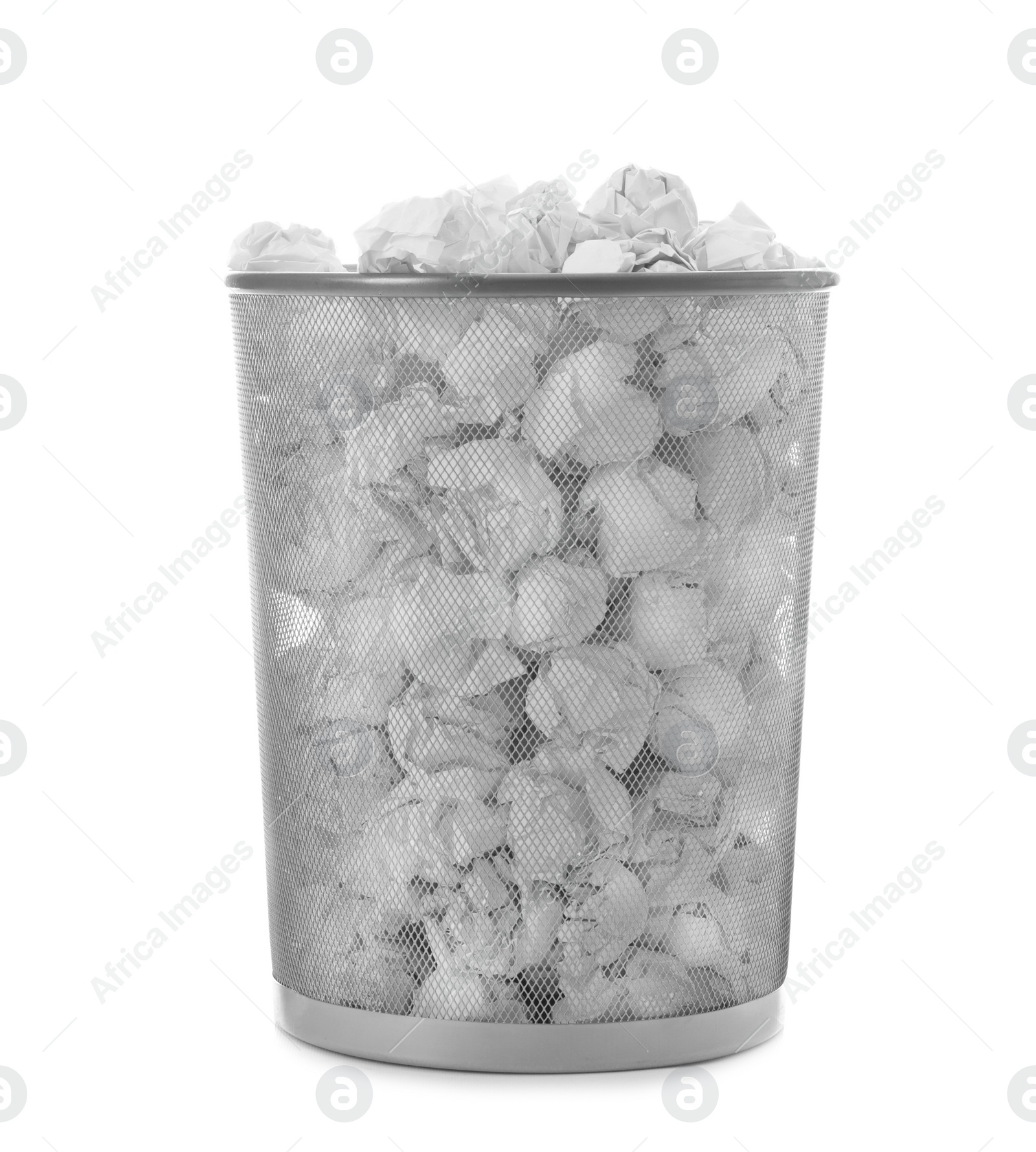 Photo of Trash bin with crumpled paper on white background. Lack of ideas