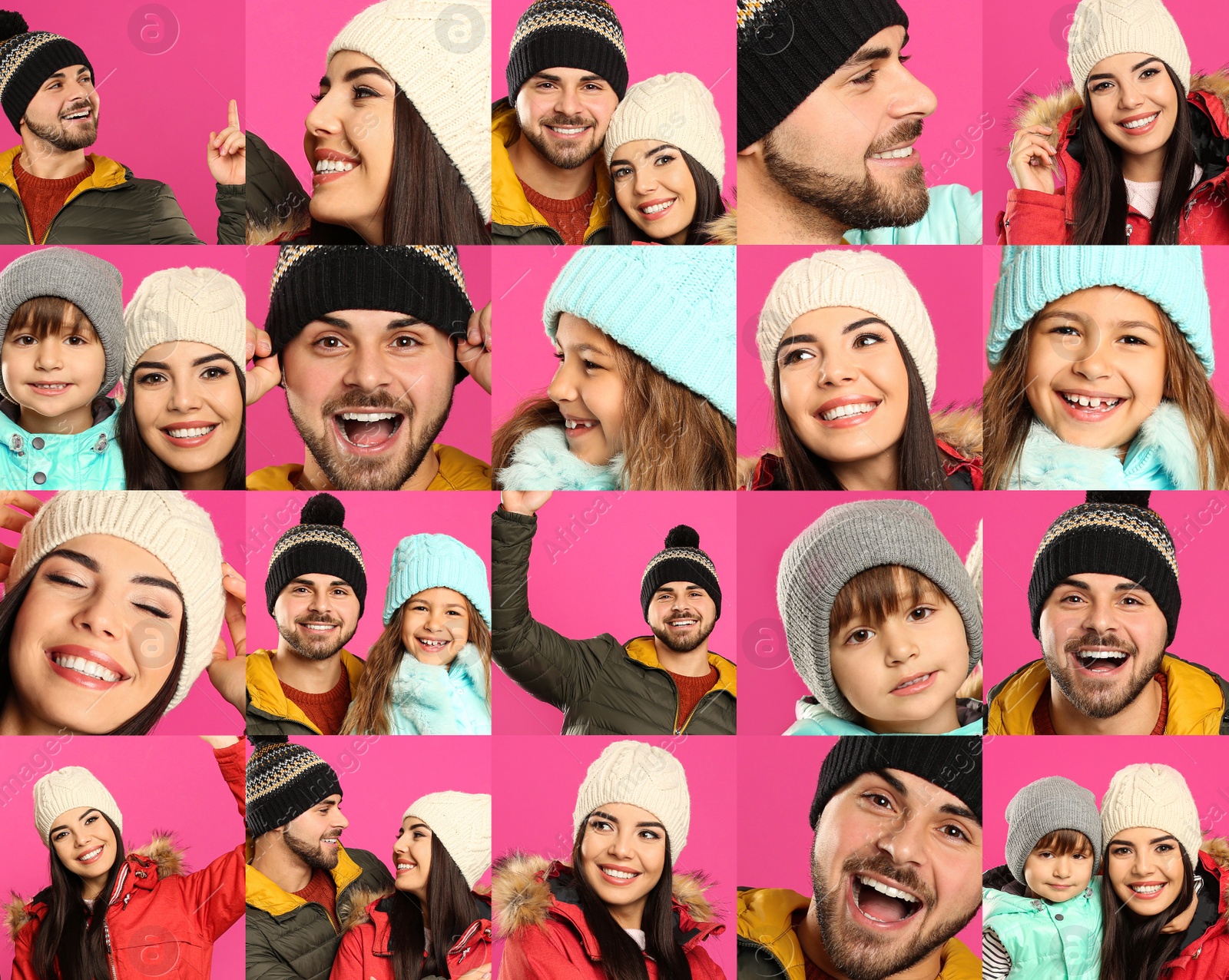 Image of Collage with photos of people wearing warm clothes on pink background. Winter vacation