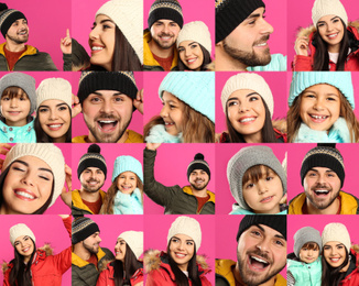 Collage with photos of people wearing warm clothes on pink background. Winter vacation