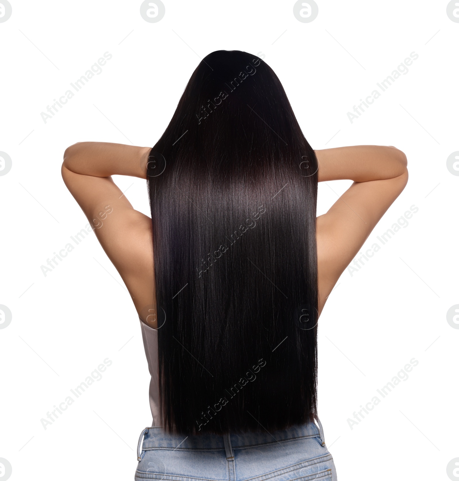 Photo of Woman with strong healthy hair on white background, back view