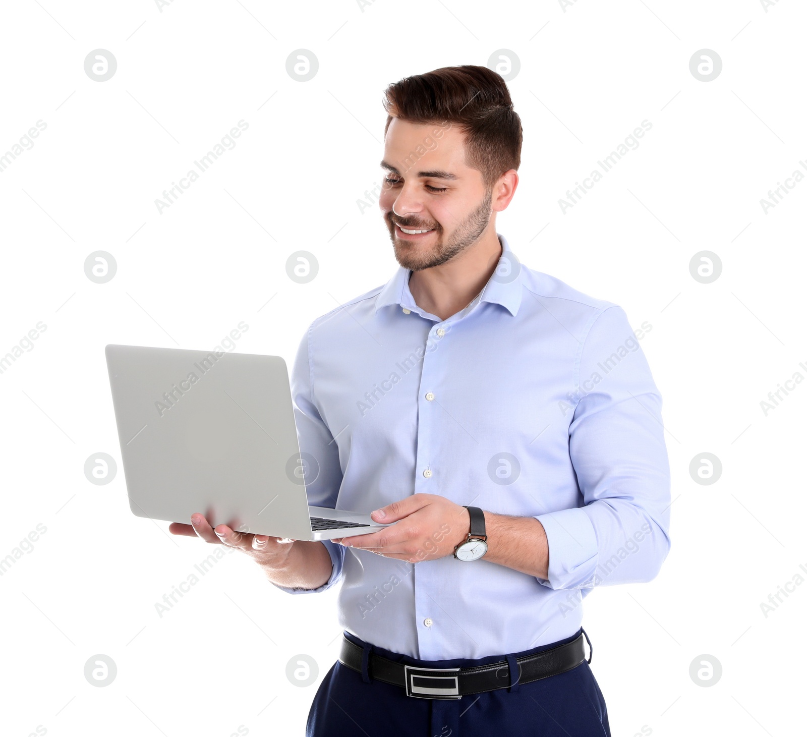 Photo of Young man with laptop on white background