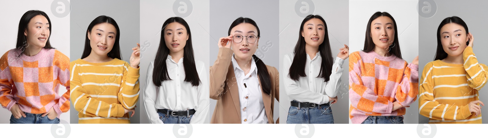 Image of Collage with photos of Asian woman on different color backgrounds