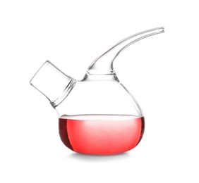 Retort flask with red liquid isolated on white. Laboratory glassware