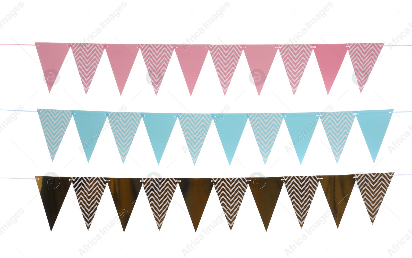 Photo of Buntings with colorful triangular paper flags on white background. Festive decor