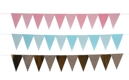 Buntings with colorful triangular paper flags on white background. Festive decor