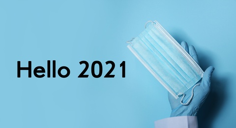 Image of Hello 2021. Doctor in gloves holding disposable face mask on light blue background, closeup