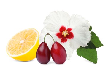 Image of Beautiful hibiscus flower, juicy ripe lemon and ripe dogwood berries on white background