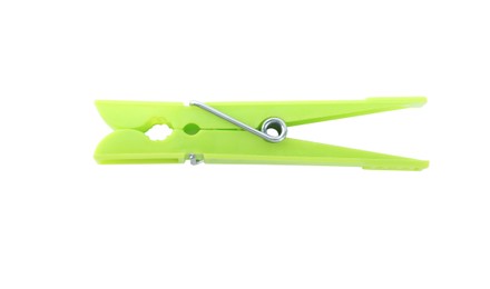 Photo of Bright green plastic clothespin isolated on white