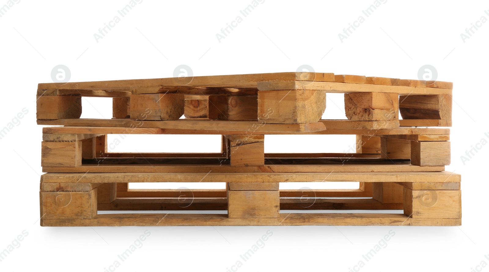 Photo of Stacked wooden pallets isolated on white. Transportation and storage