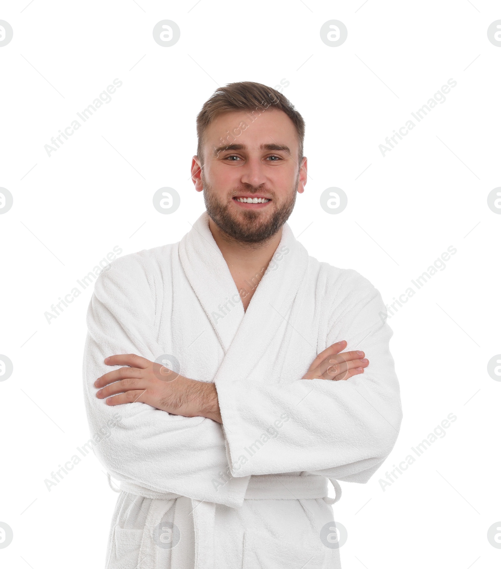 Photo of Handsome man wearing bathrobe on white background