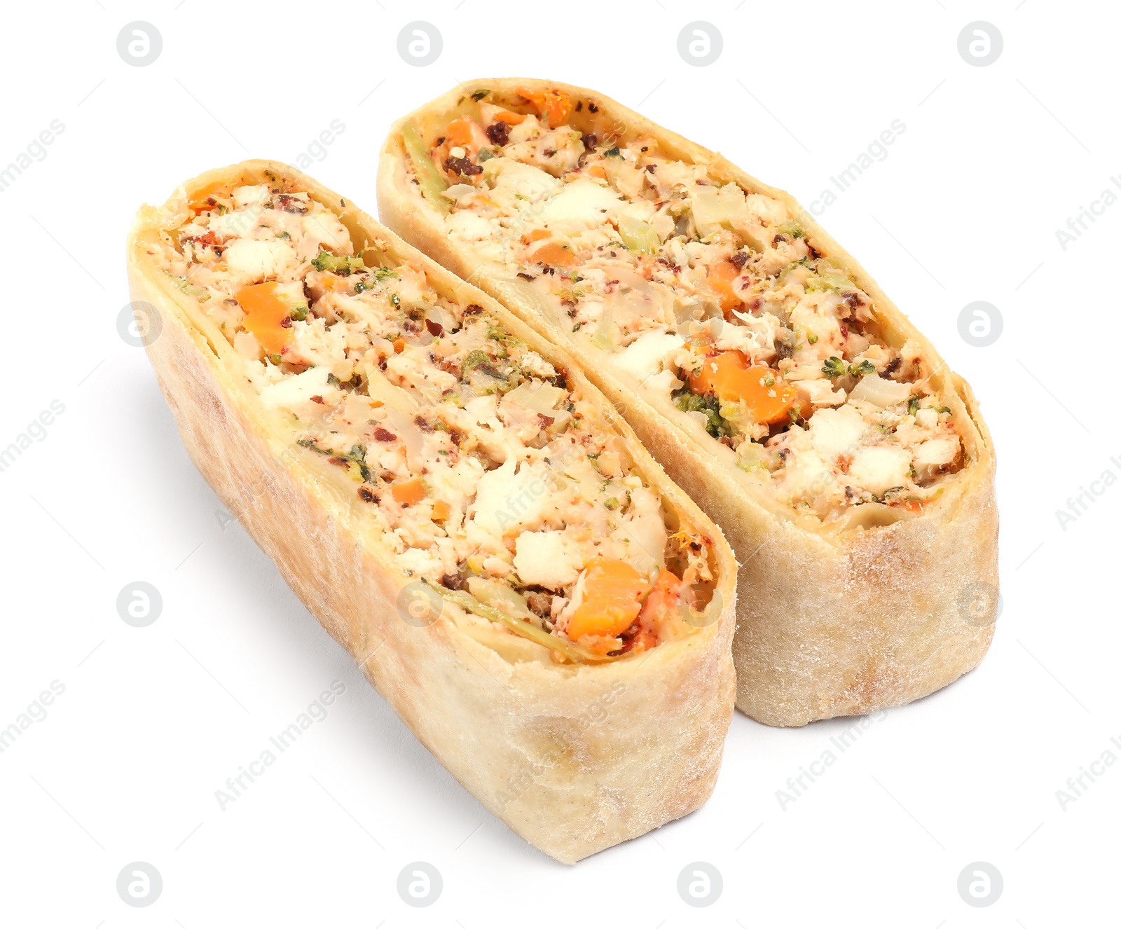 Photo of Pieces of tasty strudel with chicken and vegetables isolated on white