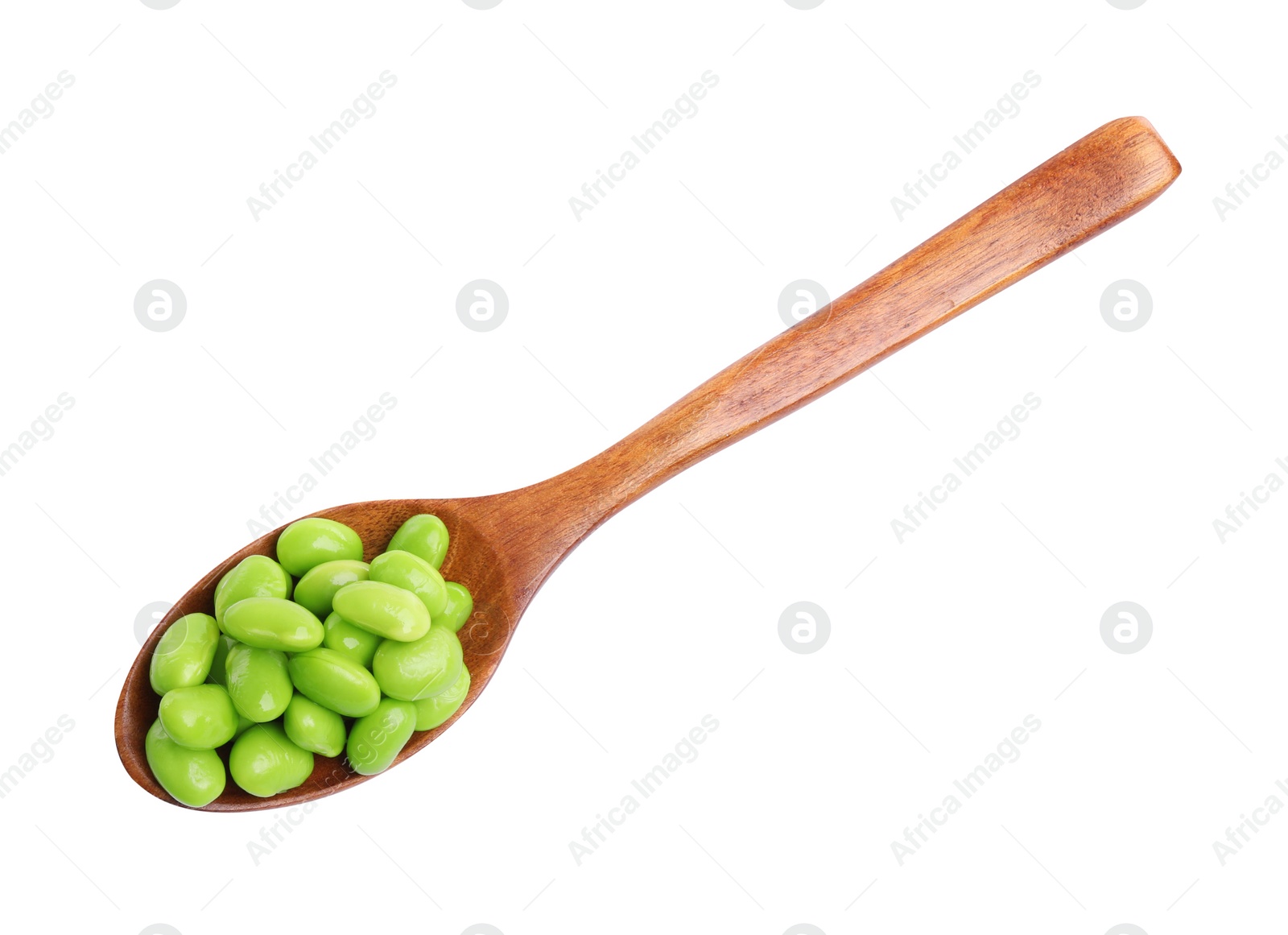 Photo of Spoon with fresh edamame soybeans on white background, top view