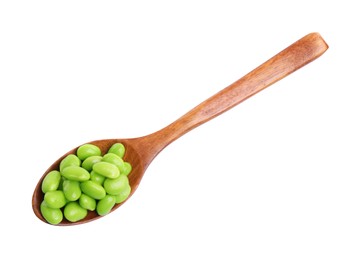 Photo of Spoon with fresh edamame soybeans on white background, top view