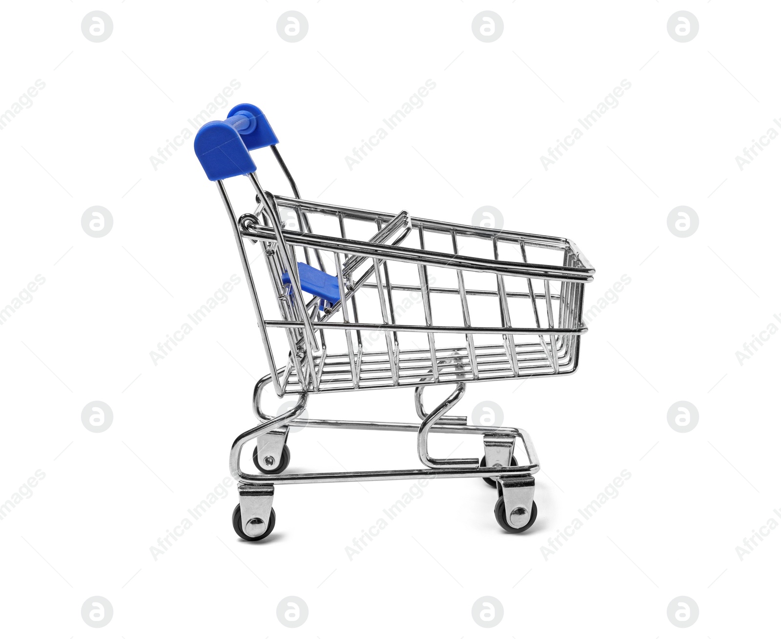 Photo of Empty mini metal shopping cart isolated on white