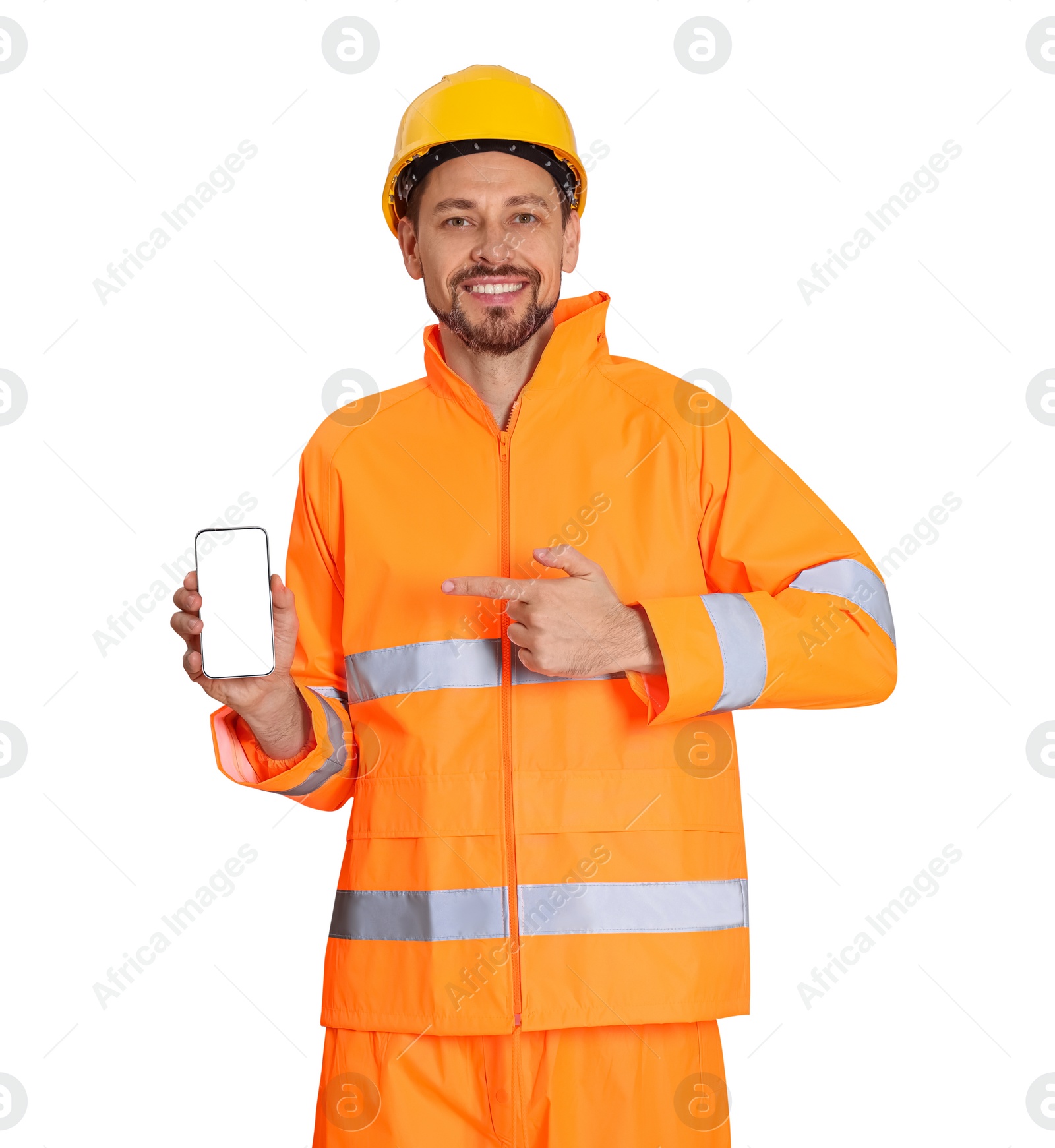 Photo of Man in reflective uniform with phone on white background