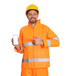 Man in reflective uniform with phone on white background