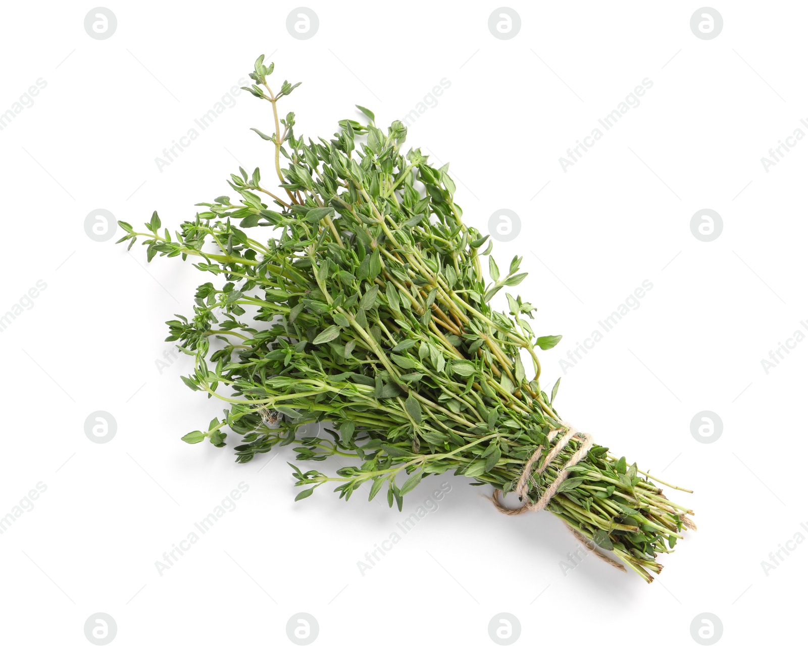 Photo of Bunch of aromatic thyme on white background, top view. Fresh herb