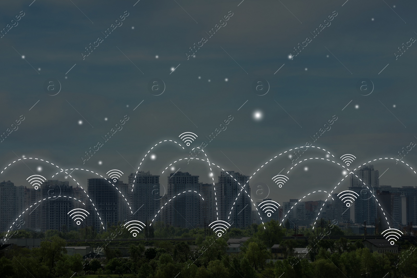 Image of Picturesque view of city with buildings and wi-fi symbols