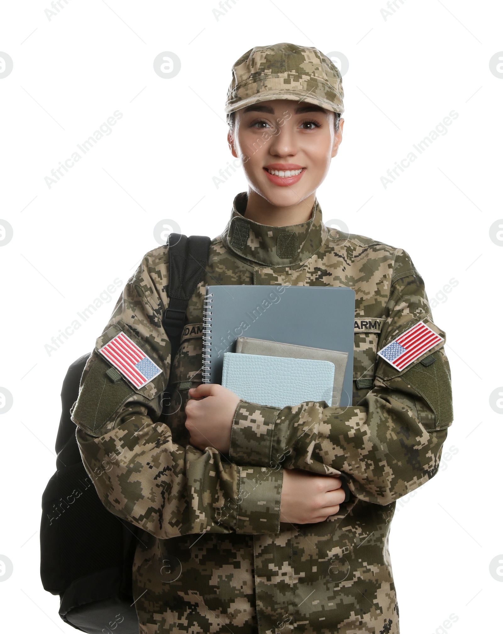 Photo of Female soldier with notebooks and backpack on white background. Military education