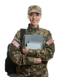 Female soldier with notebooks and backpack on white background. Military education