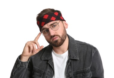 Fashionable young man in stylish outfit with bandana on white background