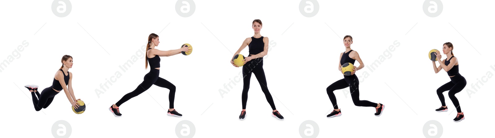 Image of Athletic woman doing different exercises with medicine ball on white background, collage. Banner design