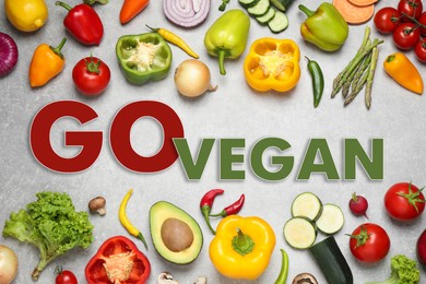 Image of Phrase Go Vegan and fresh vegetables on light grey background, flat lay