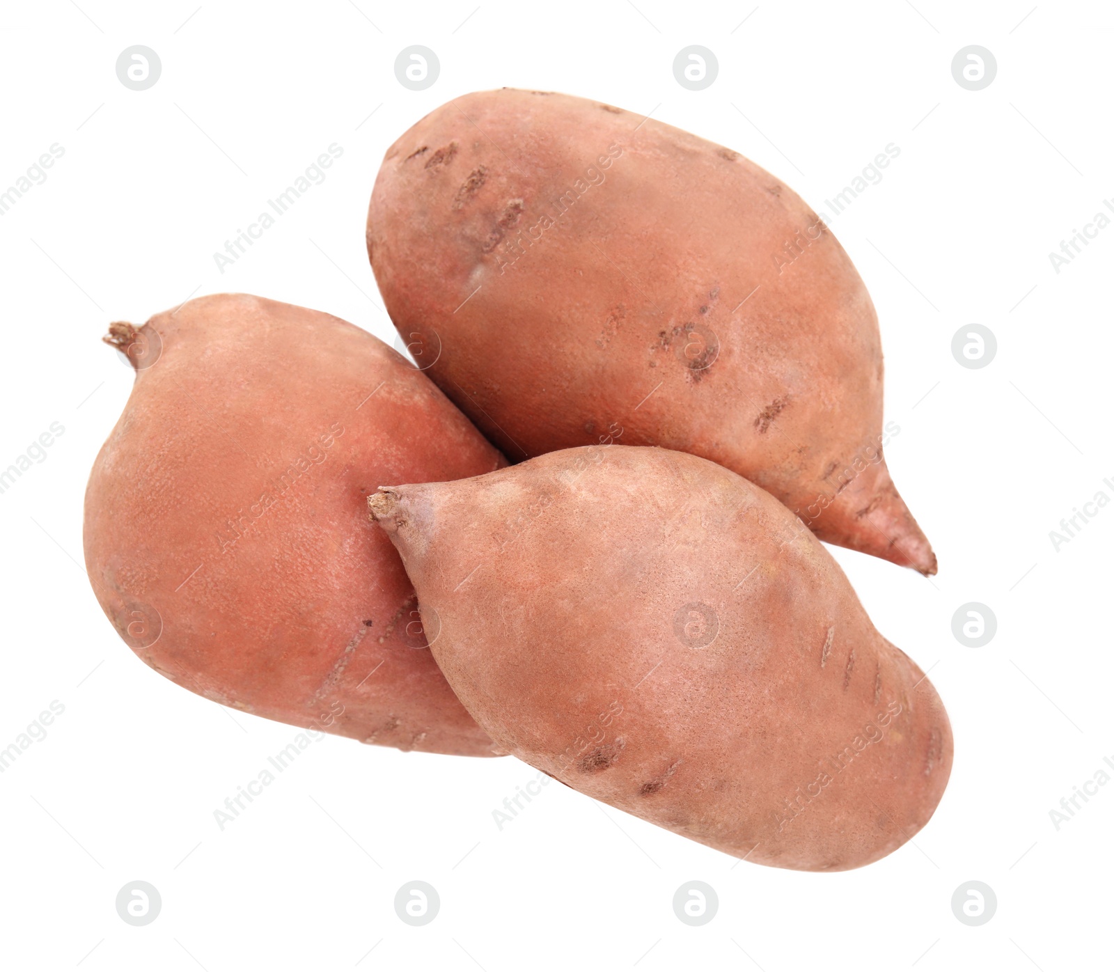 Photo of Tasty fresh sweet potatoes on white background, top view