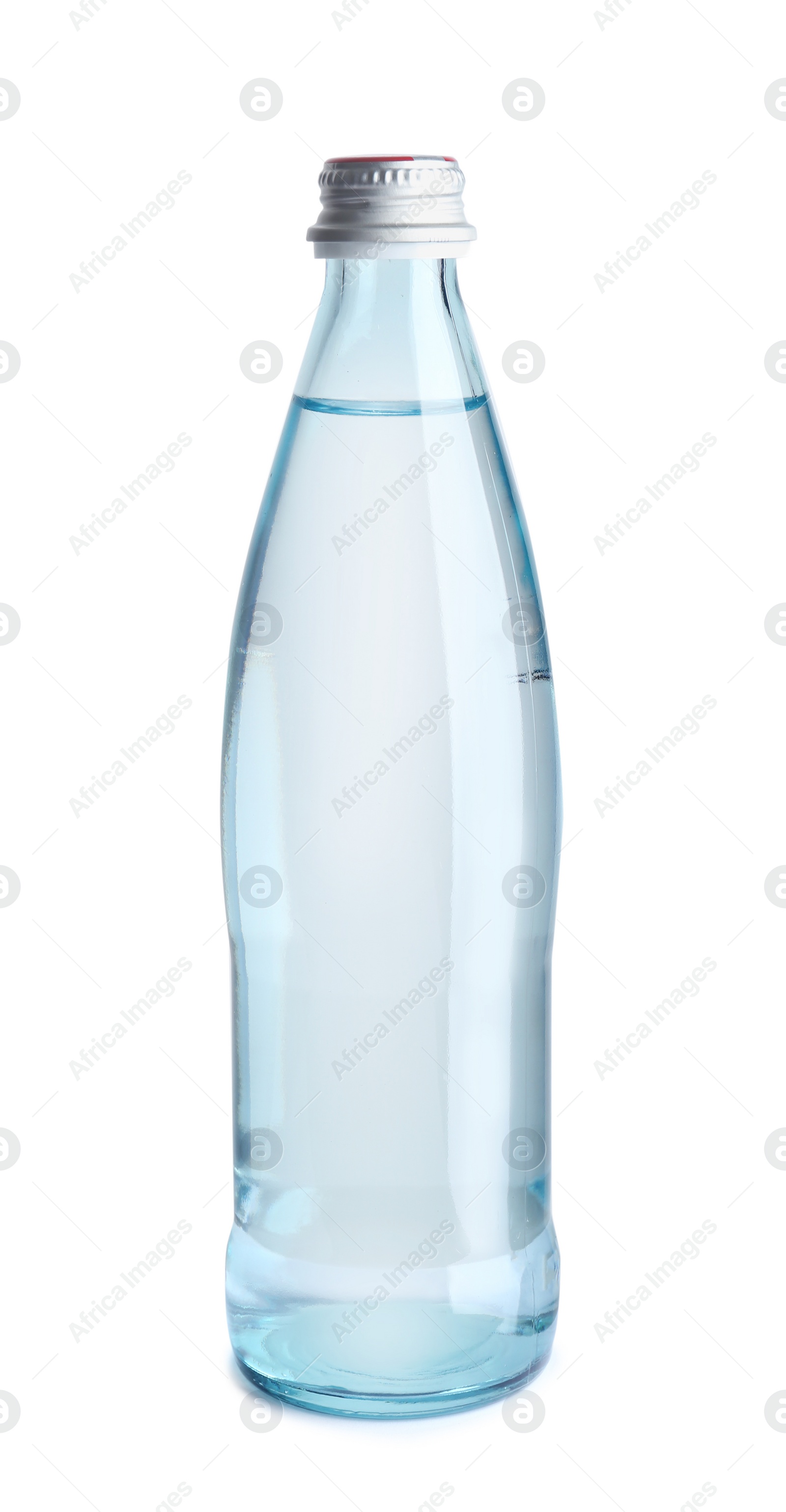 Photo of Glass bottle with water on white background