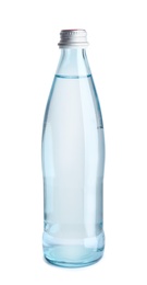 Photo of Glass bottle with water on white background