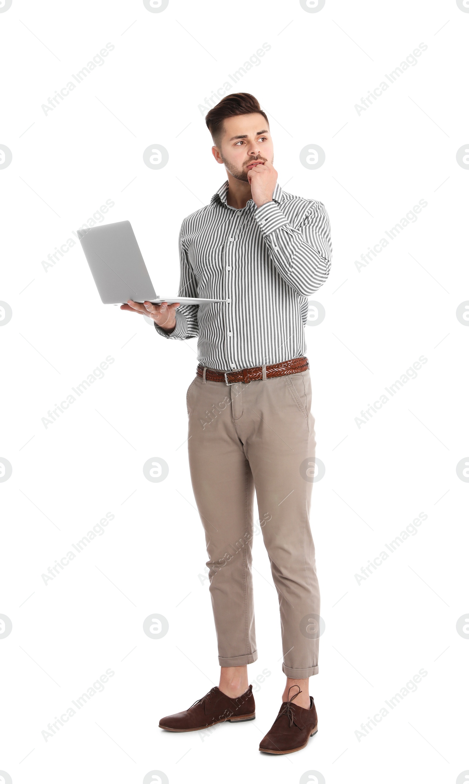 Photo of Emotional man with laptop on white background