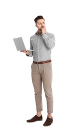 Emotional man with laptop on white background