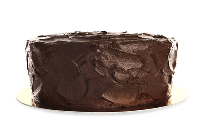 Photo of Tasty homemade chocolate cake on white background