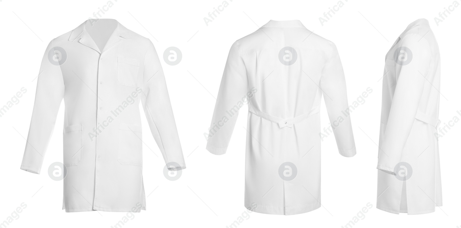 Image of Medical uniform isolated on white, collage with back, side and front views