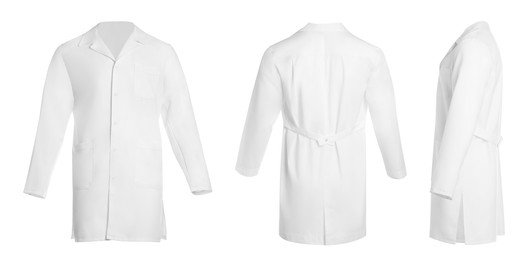 Image of Medical uniform isolated on white, collage with back, side and front views