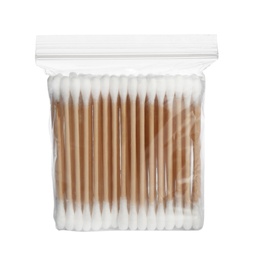 Photo of Plastic zipper bag with cotton swabs on white background