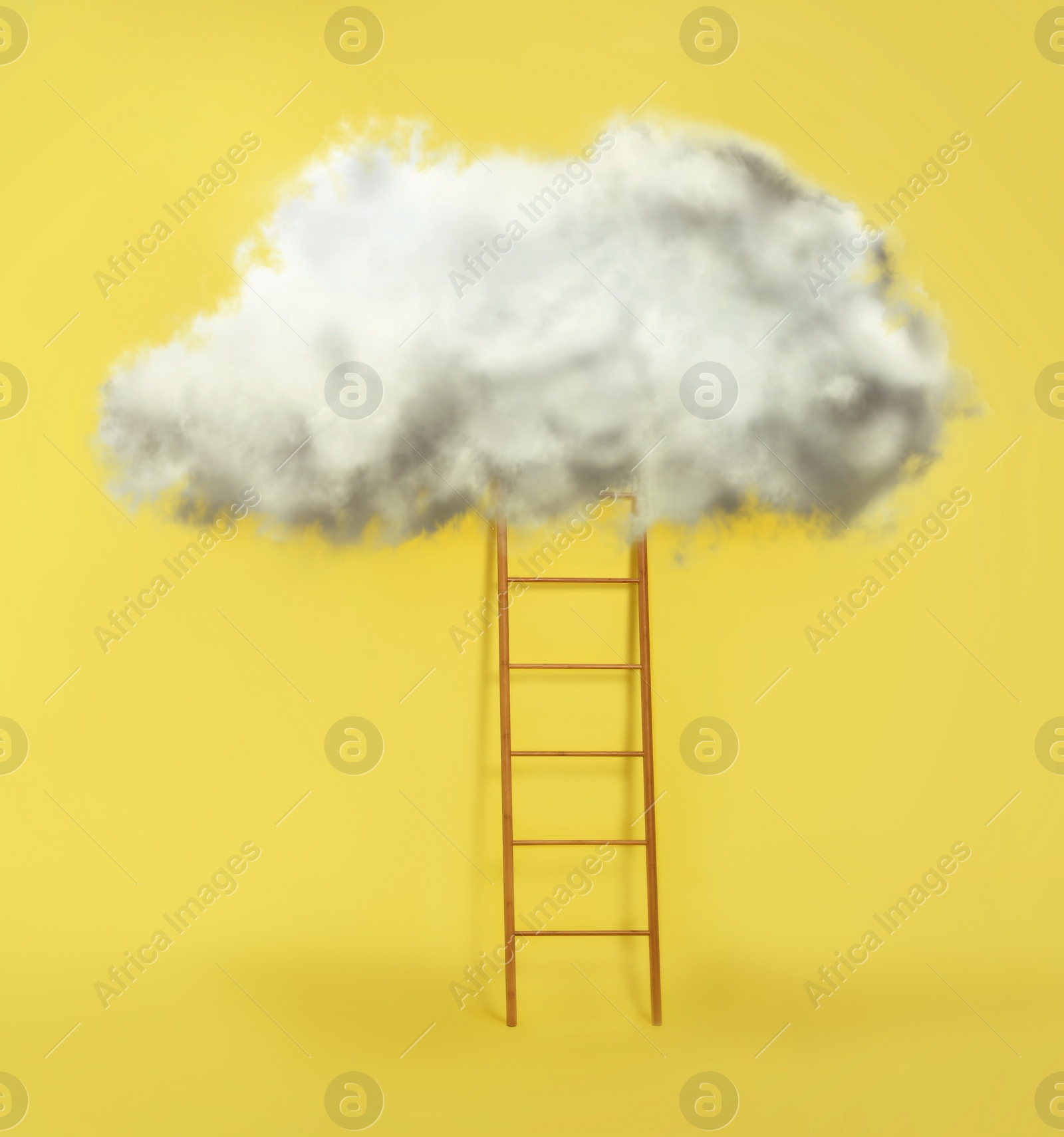 Image of Wooden ladder with cloud on yellow background. Conceptual design 