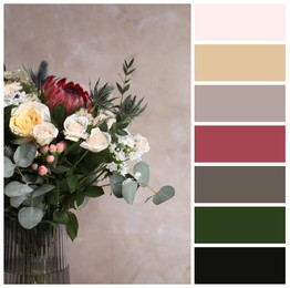 Image of Beautiful bouquet with roses on beige background and color palette. Collage