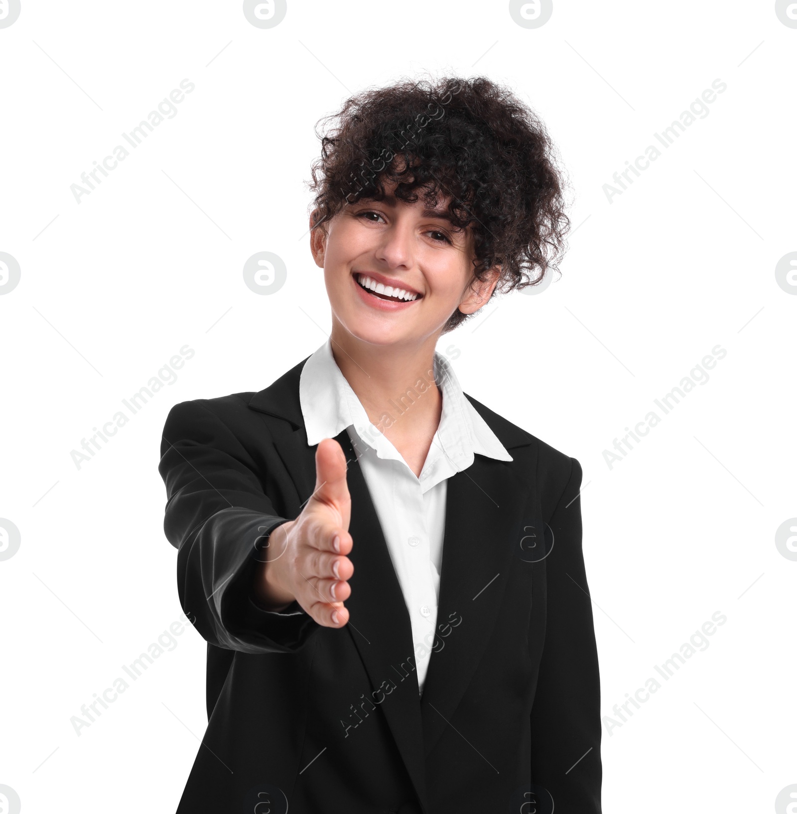 Photo of Beautiful young businesswoman in suit on white background