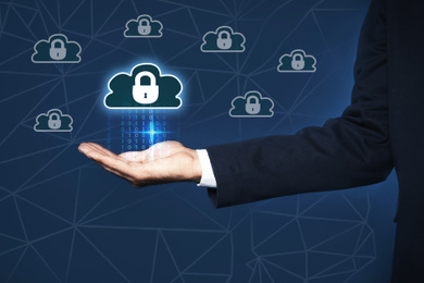 Image of Cyber security concept. Businessman demonstrating cloud with padlock illustration, closeup