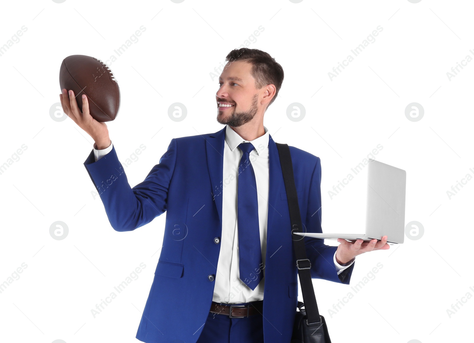 Photo of Portrait of businessman with briefcase, ball and laptop on white background. Combining life and work