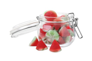 Photo of Tasty colorful candies in jar on white background