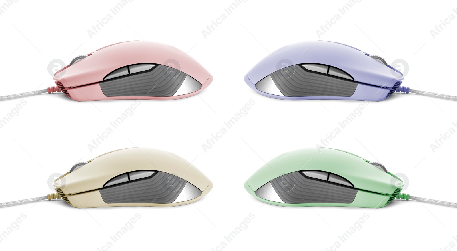 Image of Modern computer mouse on white background, different color variants