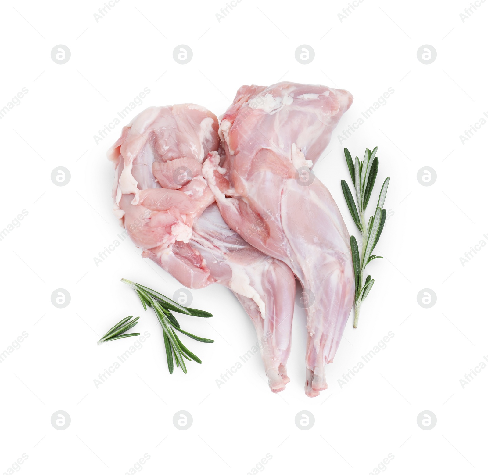 Photo of Fresh raw rabbit legs and rosemary isolated on white, top view